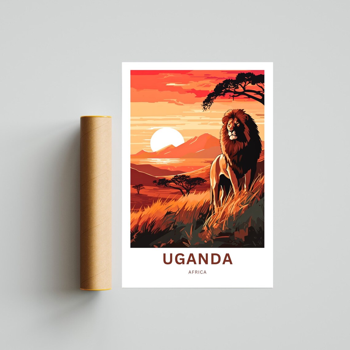 Personalized Uganda Africa Travel Poster Lion Sunset Savanna Scene - Image 4