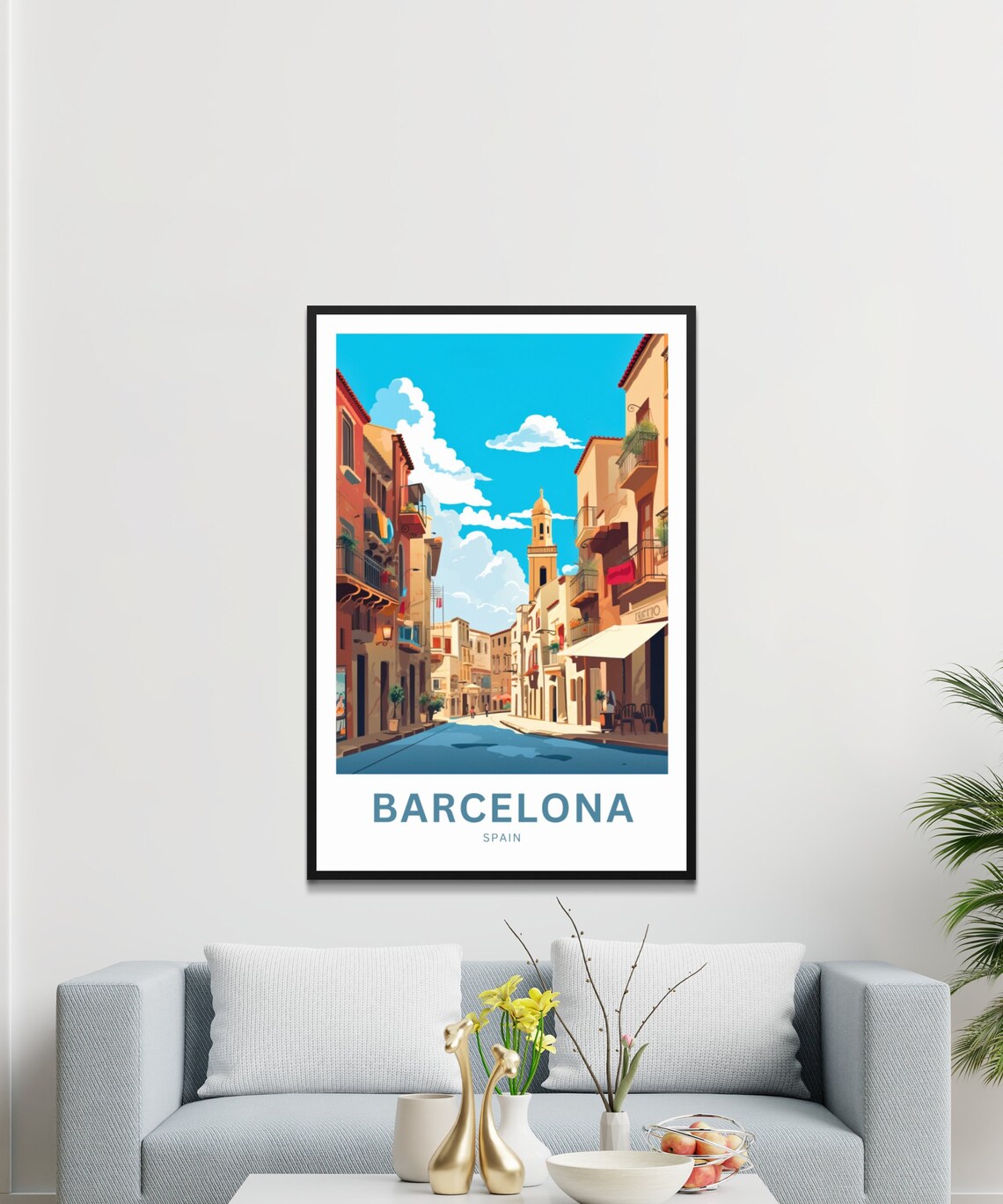 Barcelona Spain Colorful Old Town Street with Church Tower Poster - Image 3