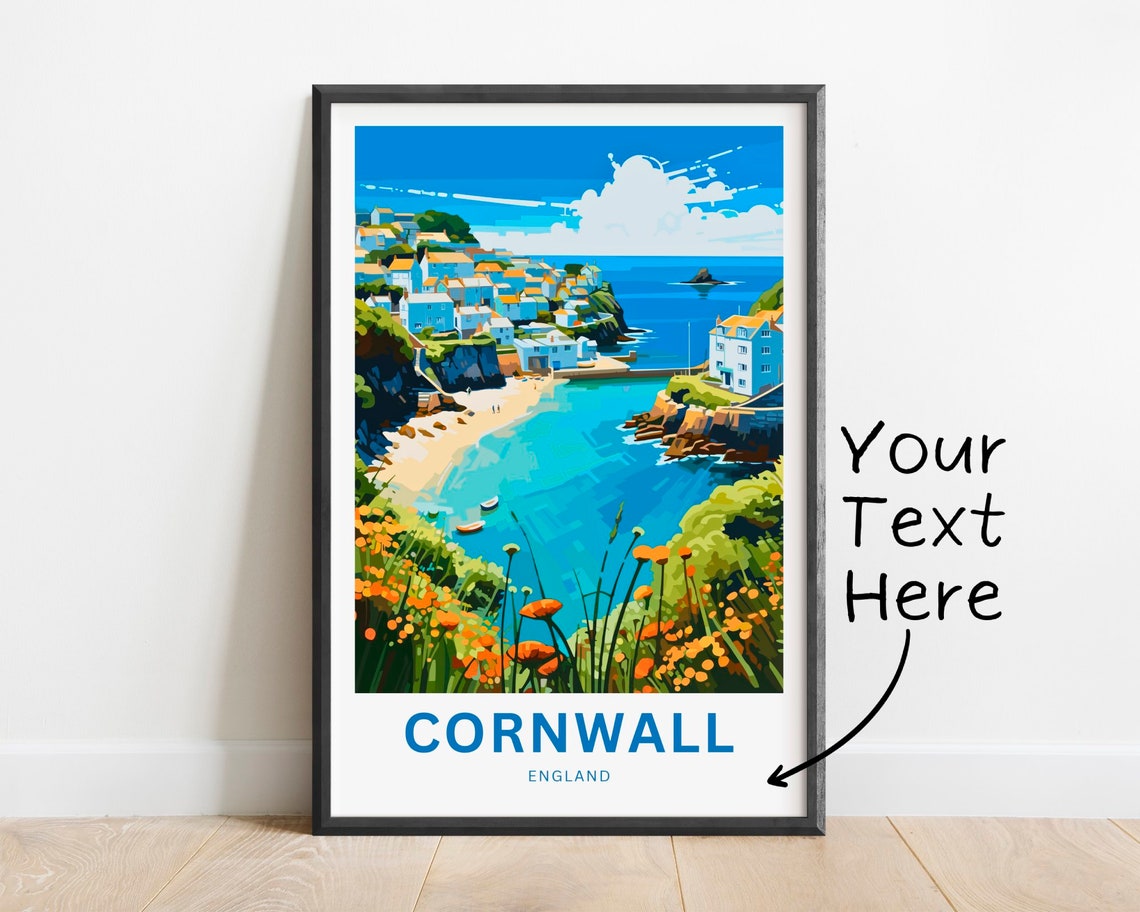 Personalized Cornwall England Cove Beach Village Travel Poster Gift