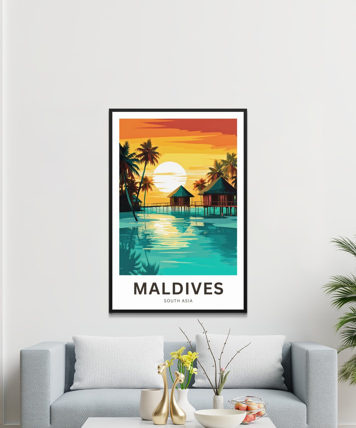 Maldives Tropical Sunset Overwater Huts Silhouette Travel Poster - Image 3