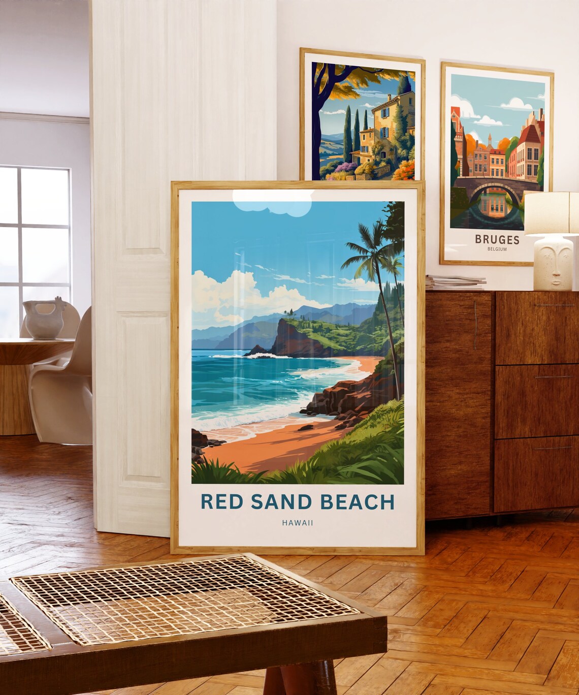 Red Sand Beach Hawaii Rocky Cove Palm Trees Ocean View Travel Poster - Image 5