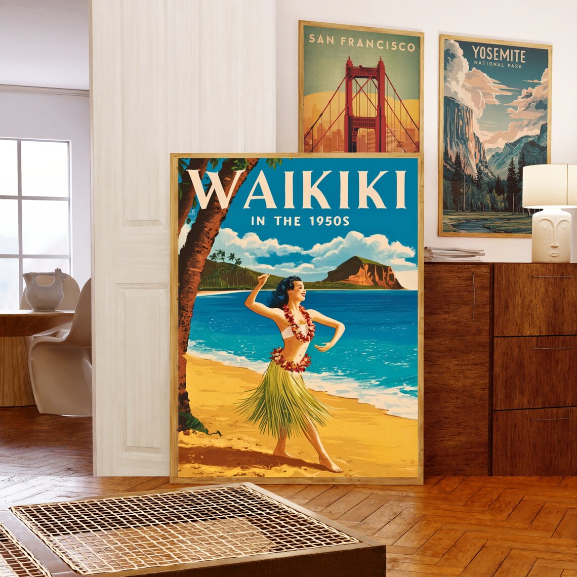 Waikiki in the 1950s Hula Dancer Retro Hawaii Beach Travel Poster - Image 5