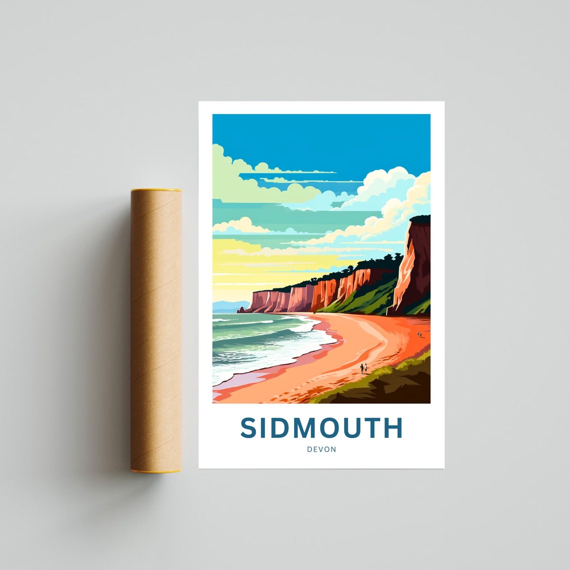 Sidmouth Devon Red Cliffs Sweeping Beach and Blue Sea Retro Poster - Image 4