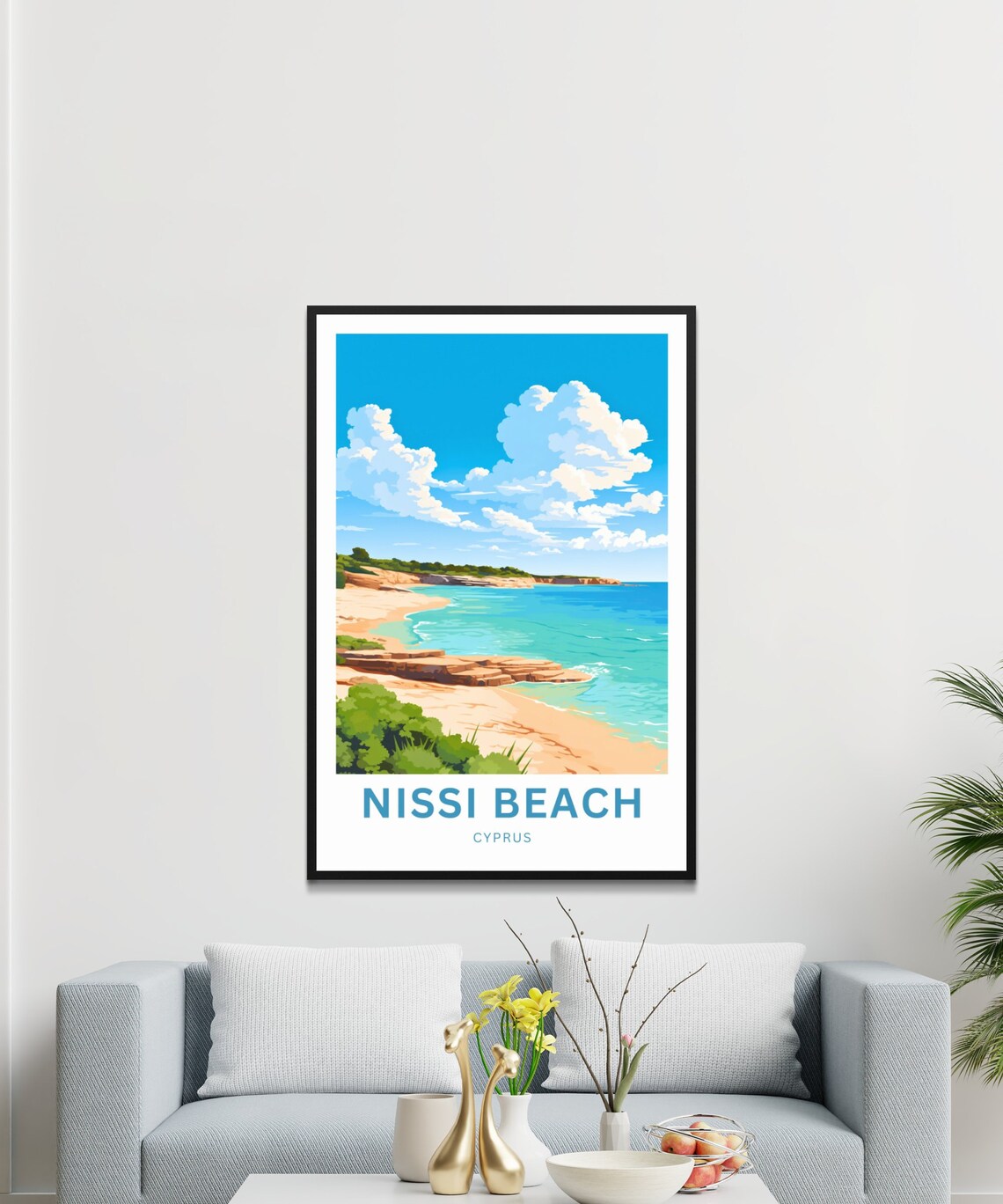 Nissi Beach Cyprus Sunny Sandy Cove Rocky Shore Travel Art Poster - Image 2
