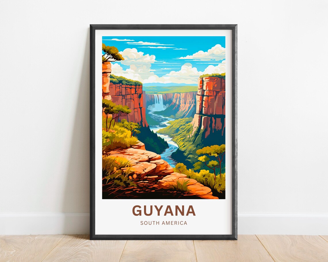 Guyana South America Waterfall Canyon Jungle Rapids Travel Poster