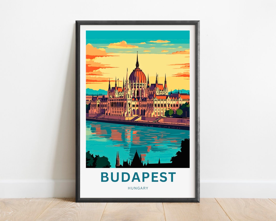 Budapest Hungary Parliament Danube Sunset Vintage Travel Poster