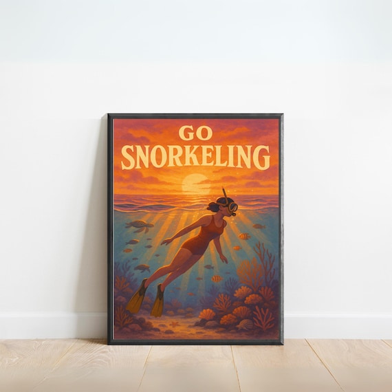 Go Snorkeling Retro Ocean Sunset Coral Reef Adventure Poster