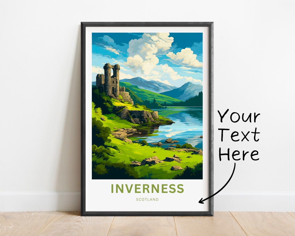 Inverness Scotland Custom Text Castle Ruins Lake Travel Poster