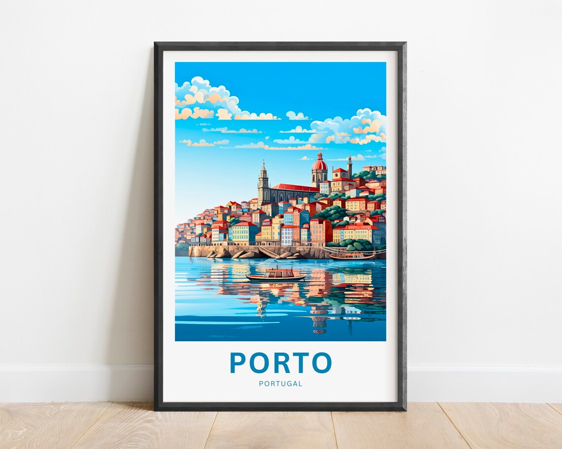 Porto Portugal Riverside Old Town Church Boats Travel Poster