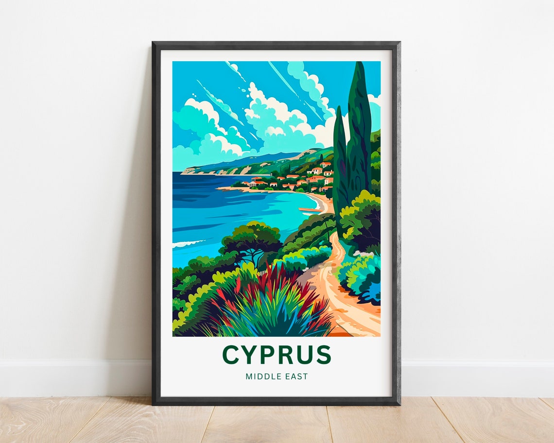 Cyprus Coastal Path Cypress Trees Ocean View Travel Art Poster