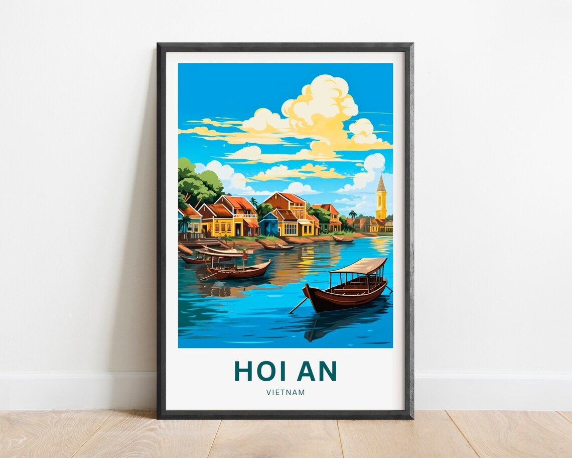 Hoi An Vietnam Travel Poster Riverside Boats Old Town Church Art