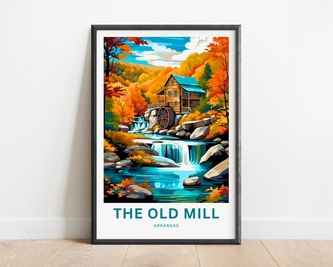 The Old Mill Arkansas Rustic Waterwheel Fall Foliage Travel Poster