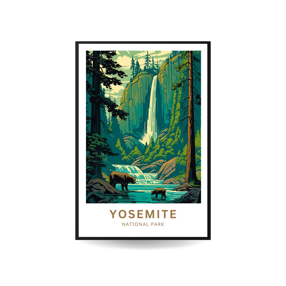 Yosemite National Park Bear Cub Waterfall Pines Travel Poster - Image 5