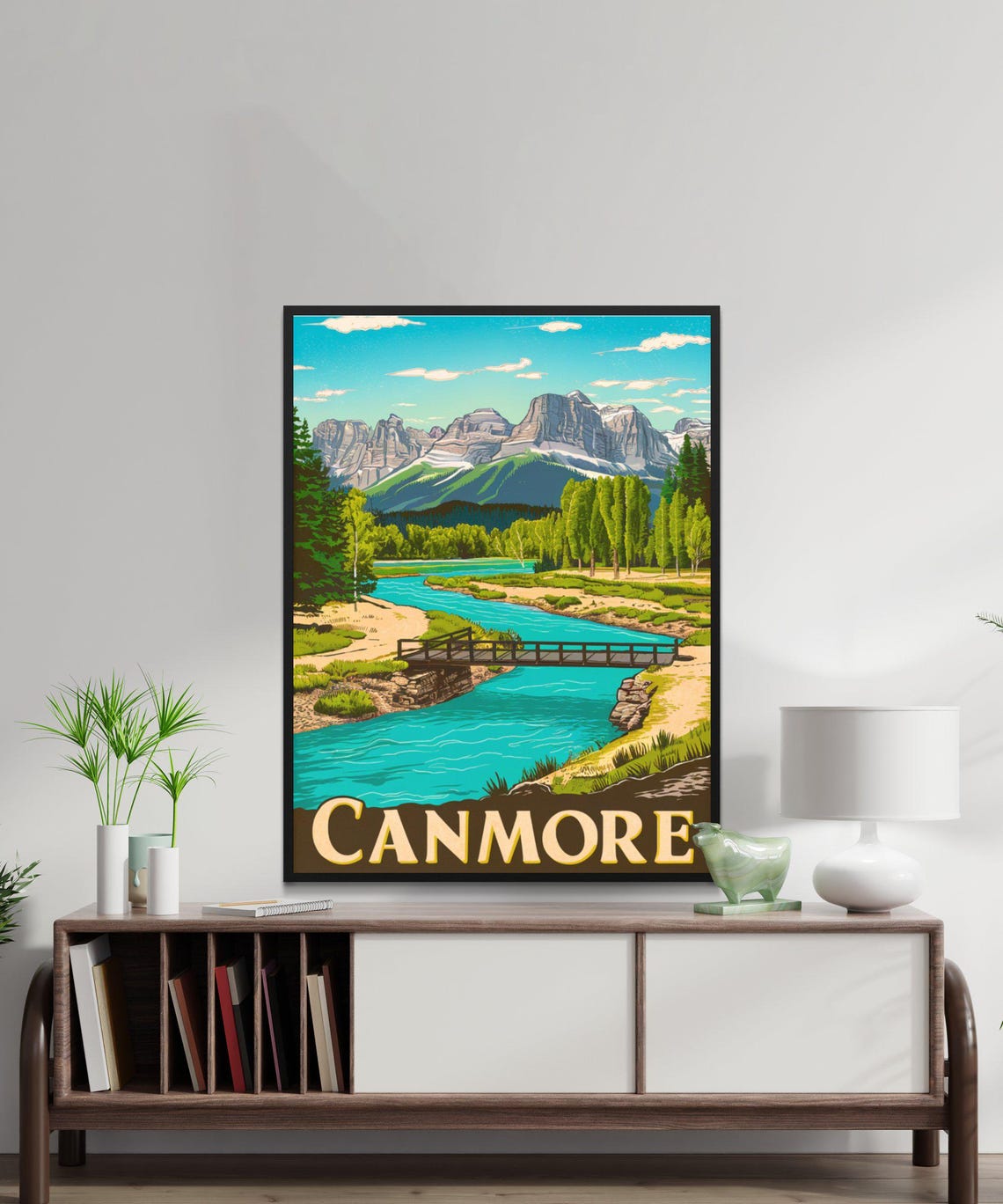 Canmore Canada Vintage Mountain River Poster Rocky Peaks Bridge Scene - Image 3