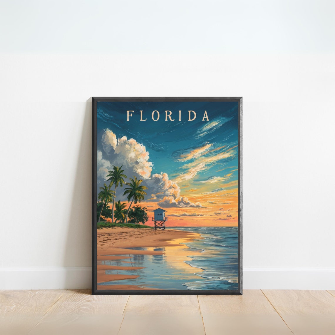 Florida Sunset Beach Lifeguard Stand Palms Vintage Retro Travel Poster