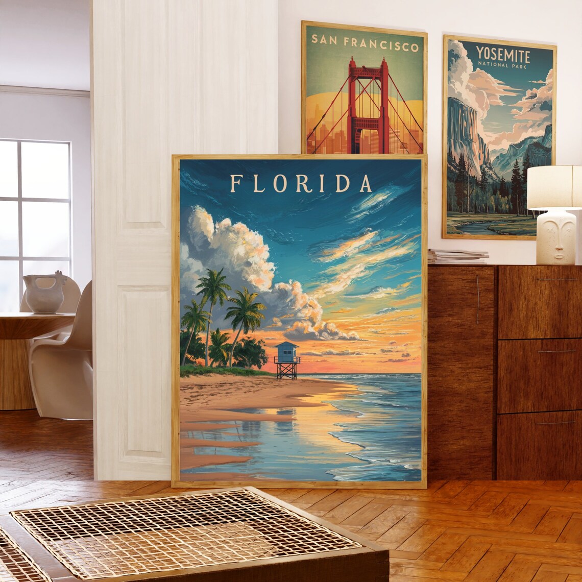 Florida Sunset Beach Lifeguard Stand Palms Vintage Retro Travel Poster - Image 5