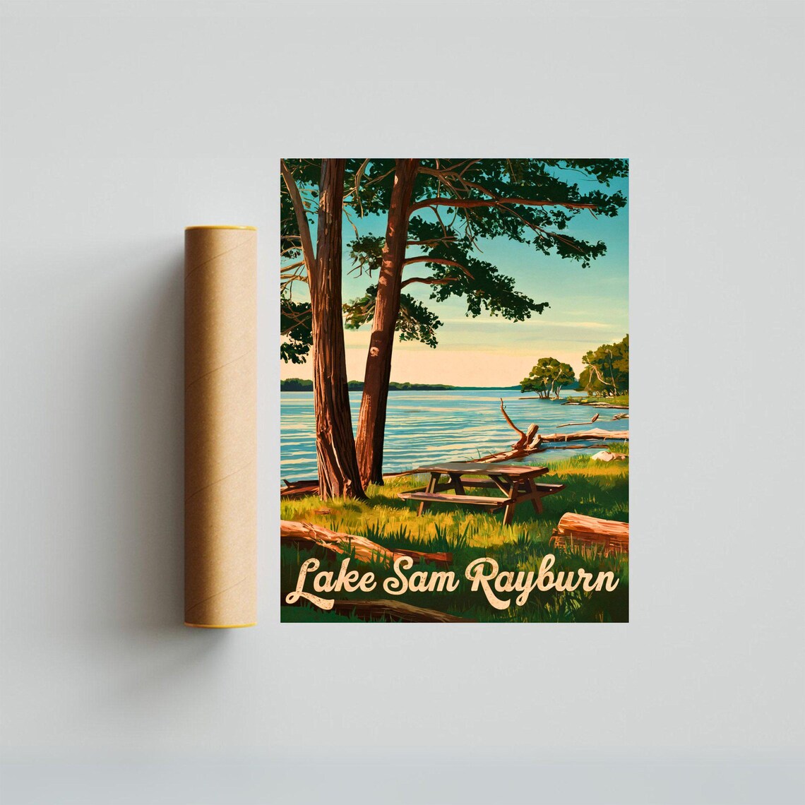 Lake Sam Rayburn Texas Pine Trees Lakeside Picnic Retro Travel Poster - Image 4