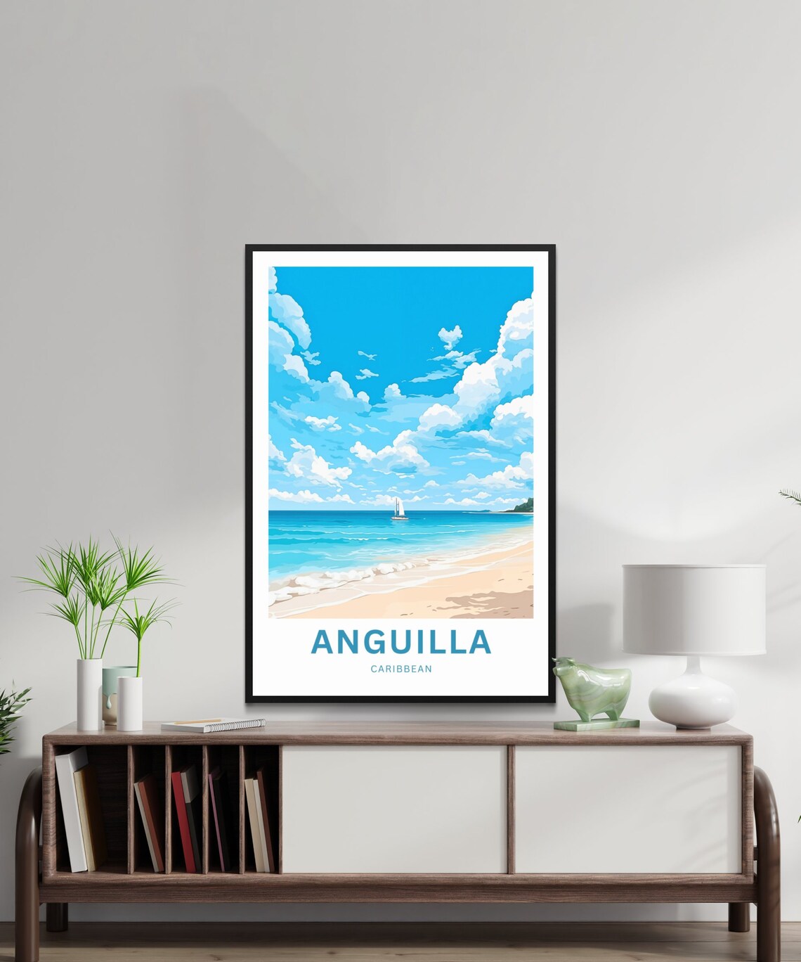 Anguilla Caribbean White Sand Beach Sailboat Clouds Travel Poster Art - Image 2