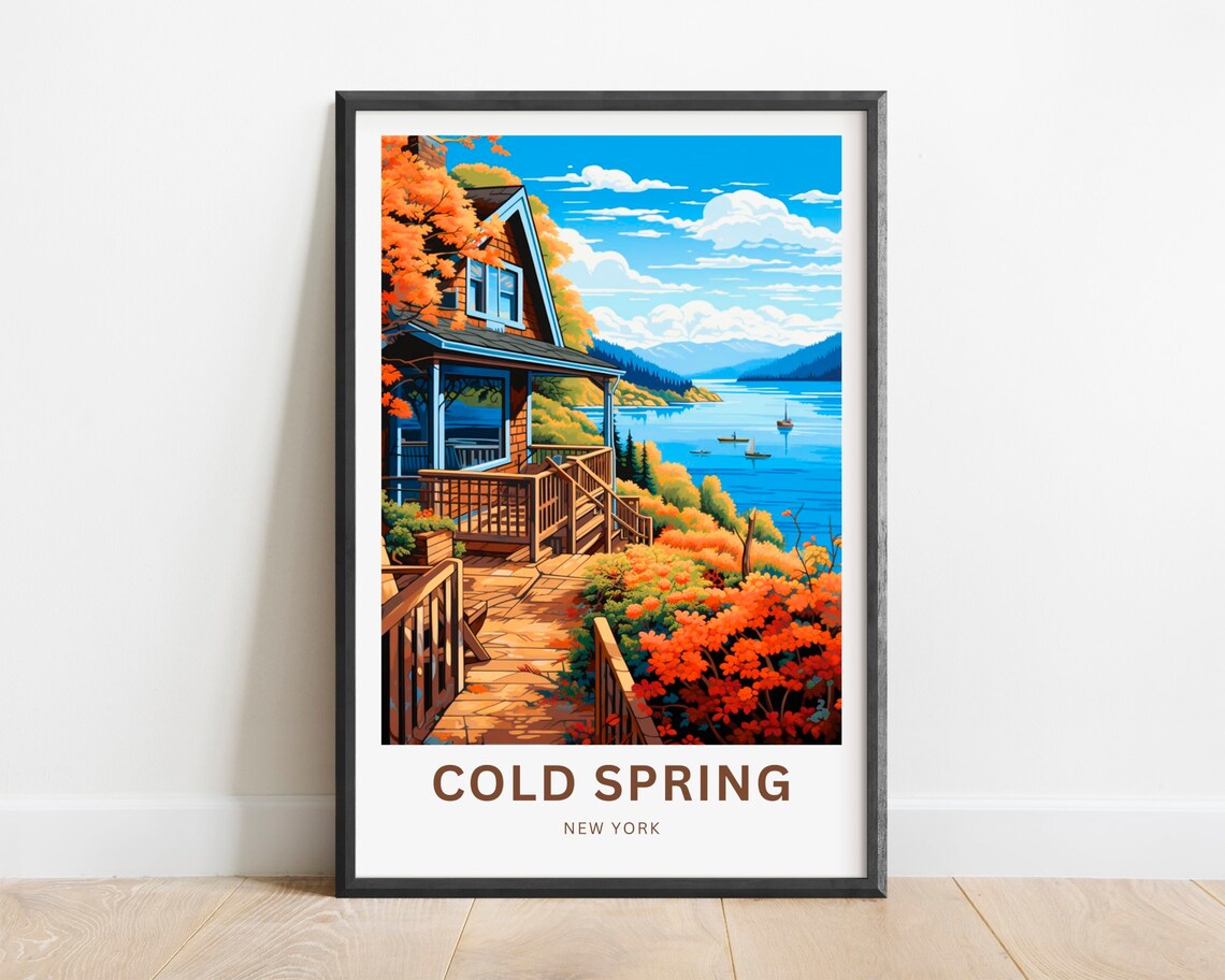 Cold Spring New York Autumn Lake Cabin Watercolor Travel Poster