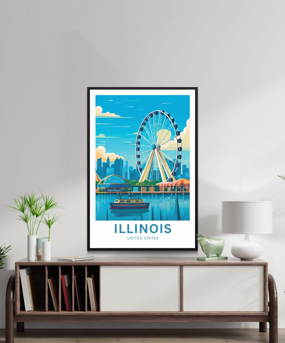 Illinois Chicago Navy Pier Ferris Wheel Illustrated Travel Poster - Image 2