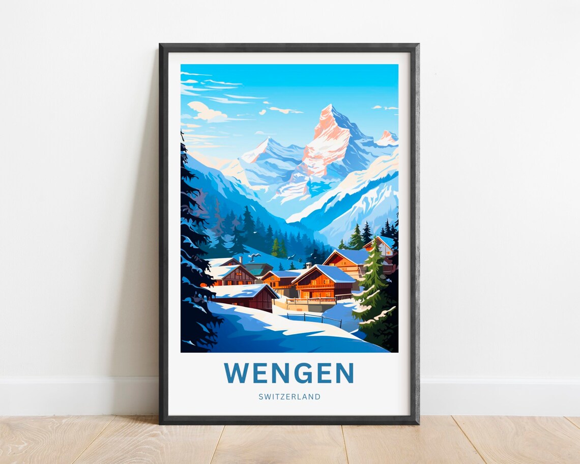 Wengen Switzerland Snowy Alpine Chalet Village Peak Travel Poster