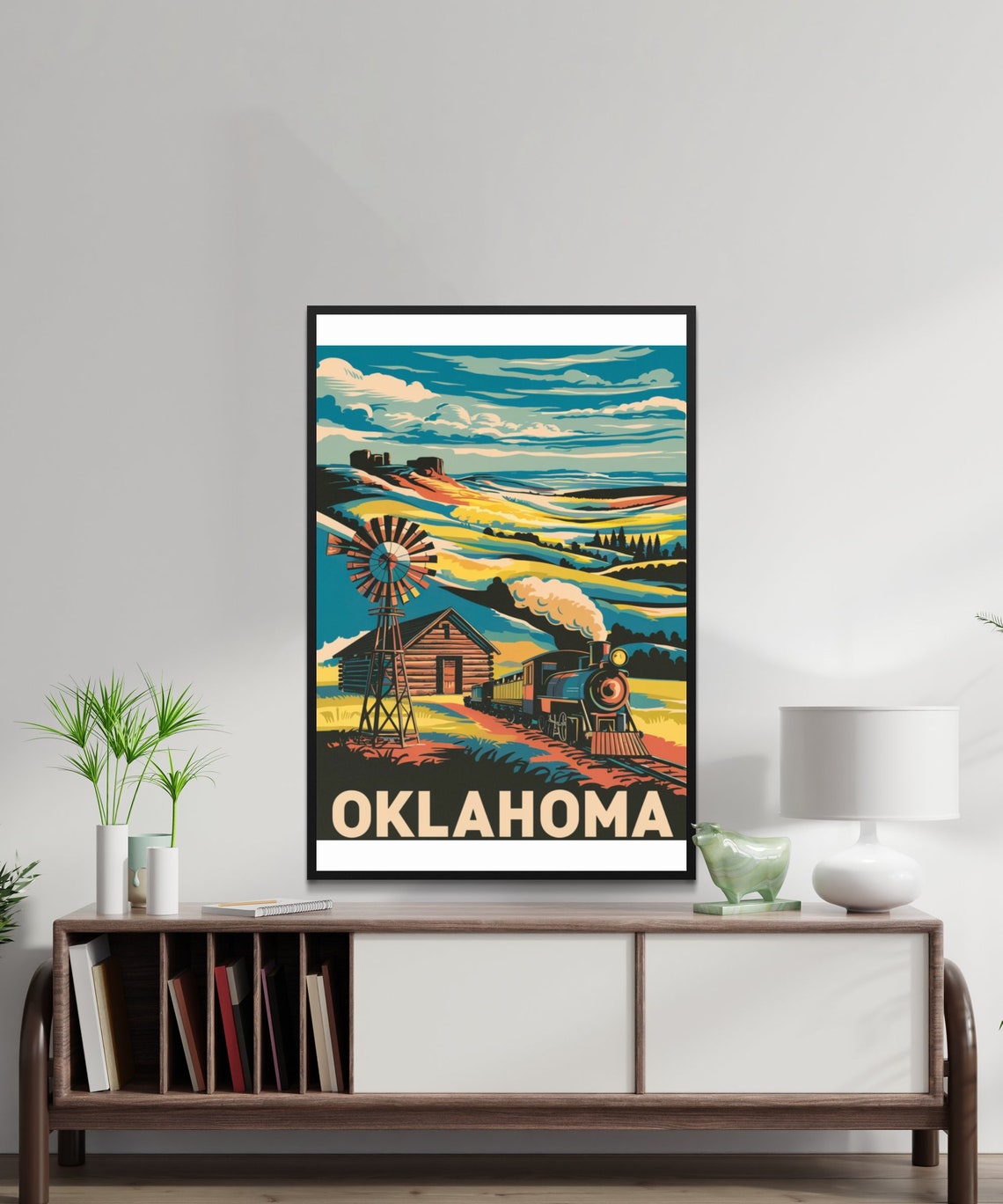 Oklahoma Vintage Steam Train Prairie Windmill Country Travel Poster - Image 2