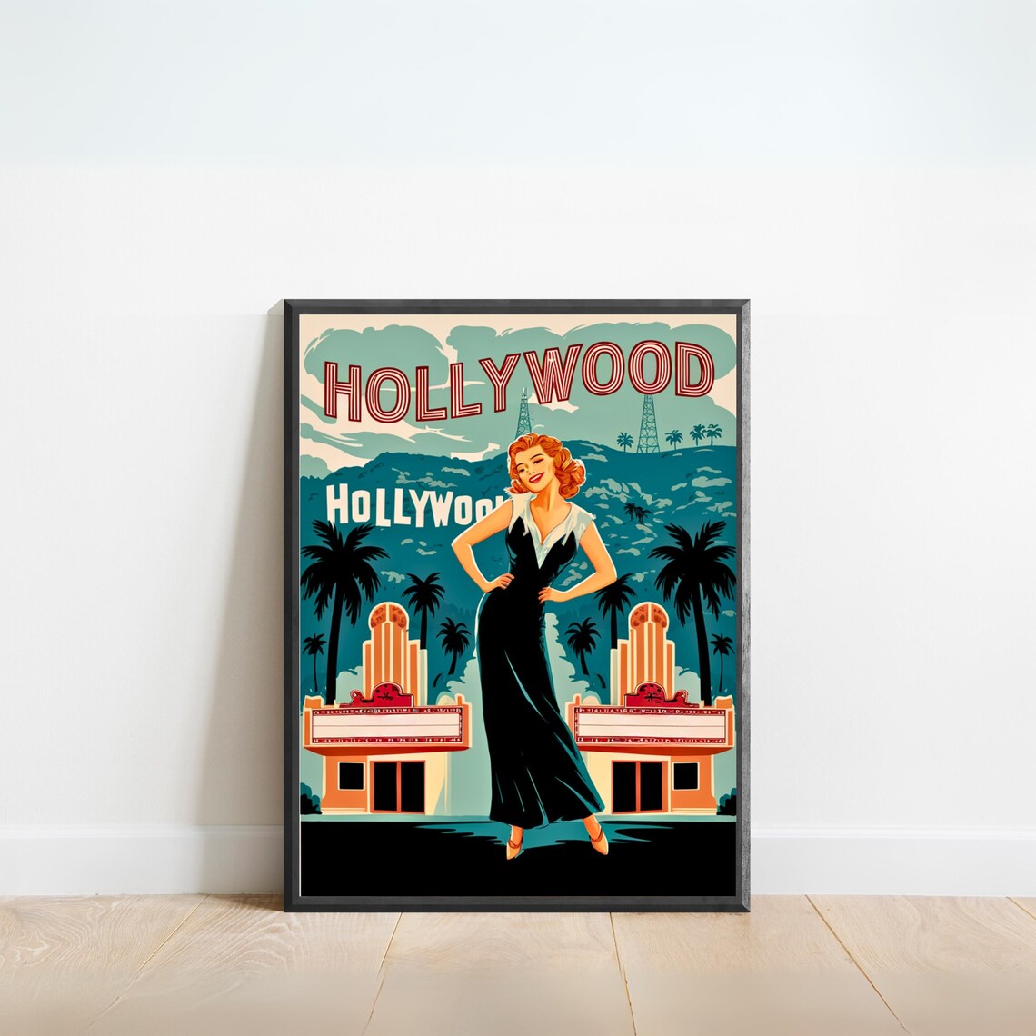 Hollywood Redhead Starlet Retro Teal Movie Vintage Travel Poster