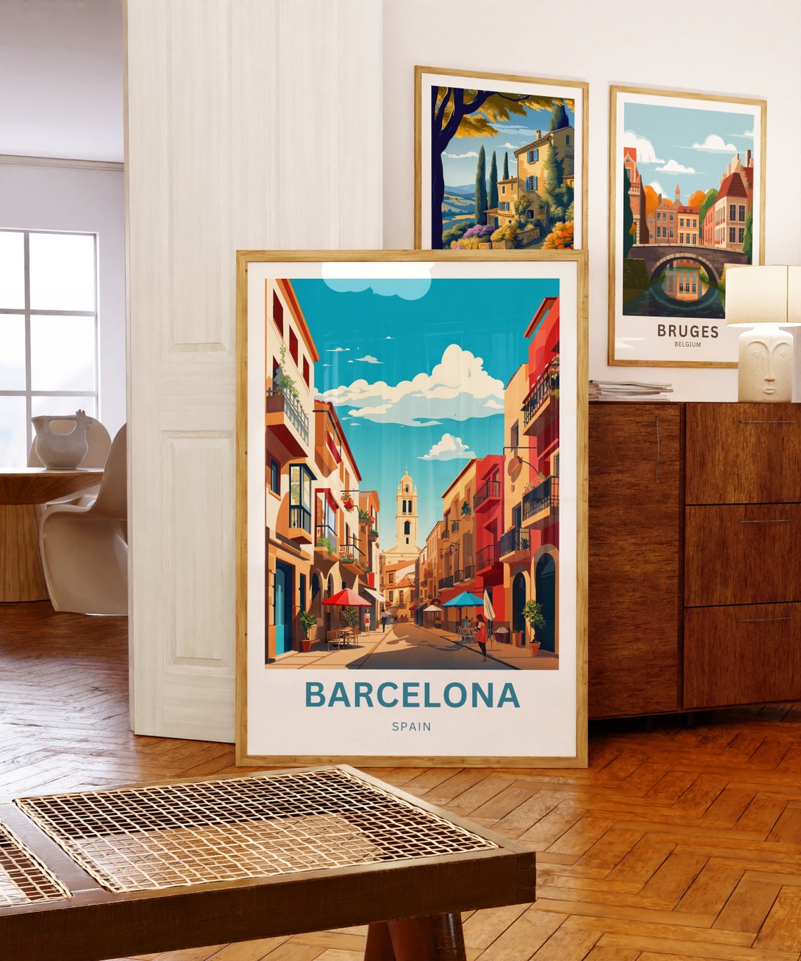 Barcelona Spain Sunlit Old Street Bell Tower and Cafes Poster - Image 5