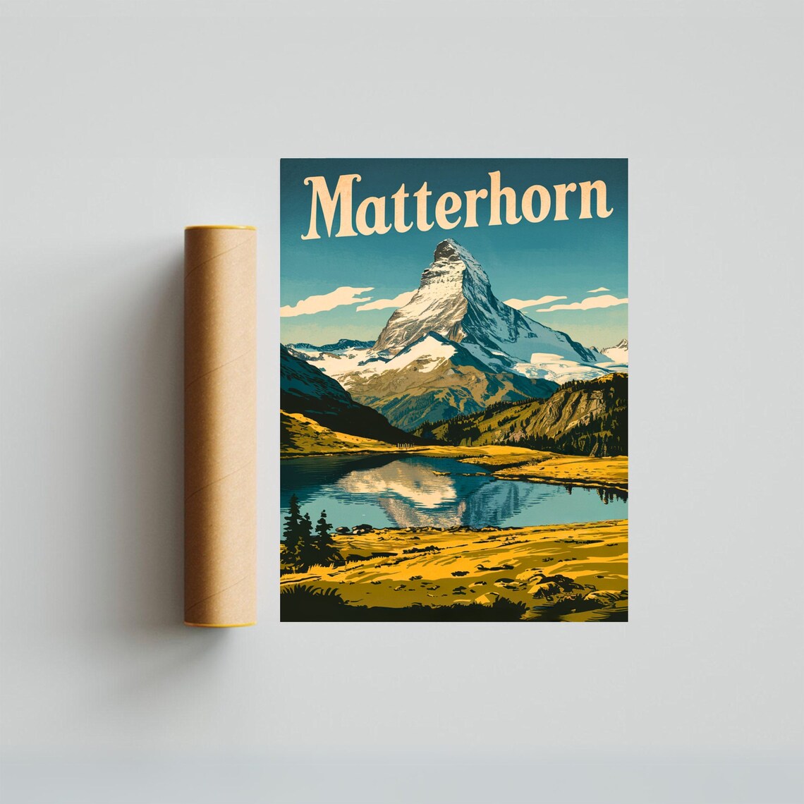 Matterhorn Alpine Lake Mirror Reflection Golden Valley Vintage Poster - Image 3