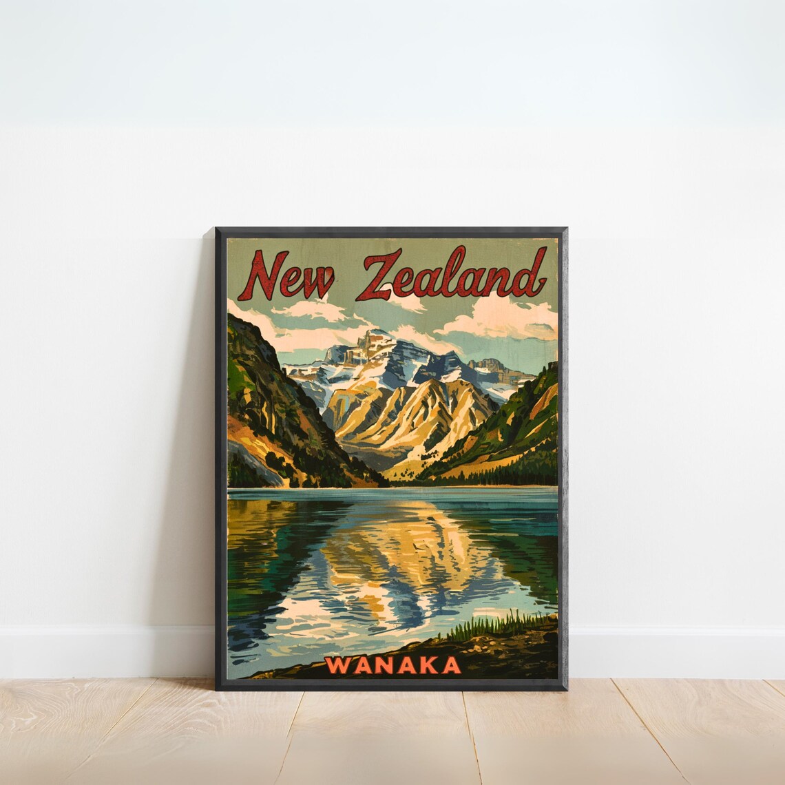 Wanaka New Zealand Lake Reflection Mountain Vintage Travel Poster
