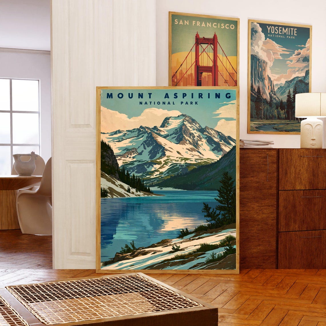 Mount Aspiring National Park Vintage Alpine Lake View Poster - Image 3