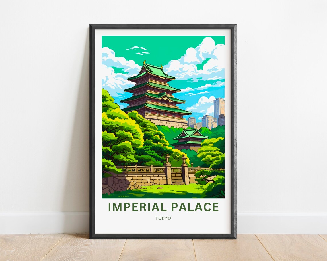 Tokyo Imperial Palace Japan Castle Pagoda Retro Travel Poster