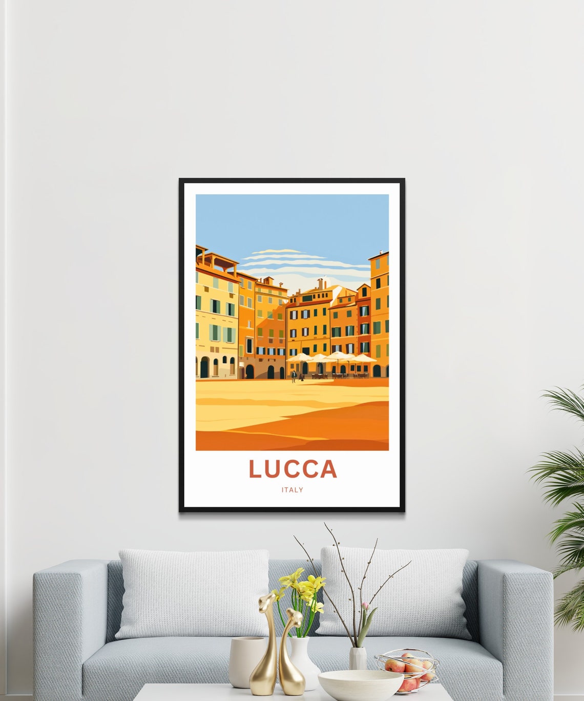 Lucca Italy Sunlit Piazza Cafe Umbrellas Historic Scene Poster - Image 3