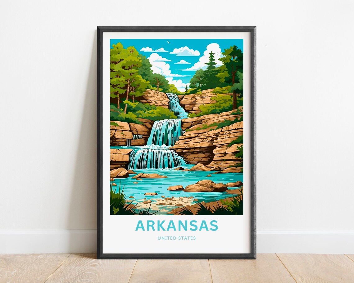 Arkansas USA Beautiful Tiered Waterfall Woodland Nature Poster