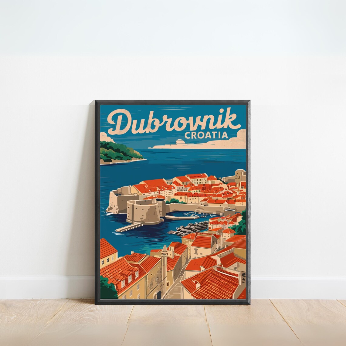 Dubrovnik Croatia Old Town Walls Red Roofs Vintage Travel Poster