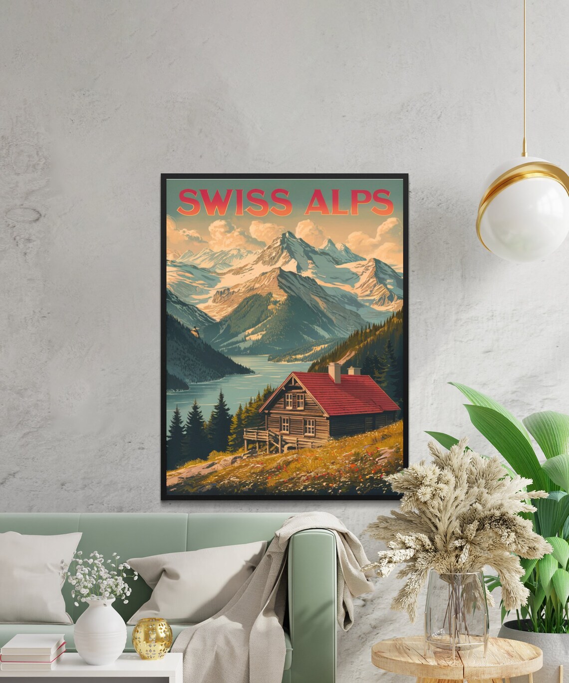 Swiss Alps Vintage Cabin by the Lake with Snowy Peaks Art Poster - Image 3