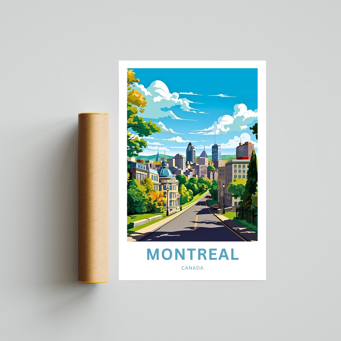 Montreal Canada Tree Lined Street With City Skyline View Poster - Image 4