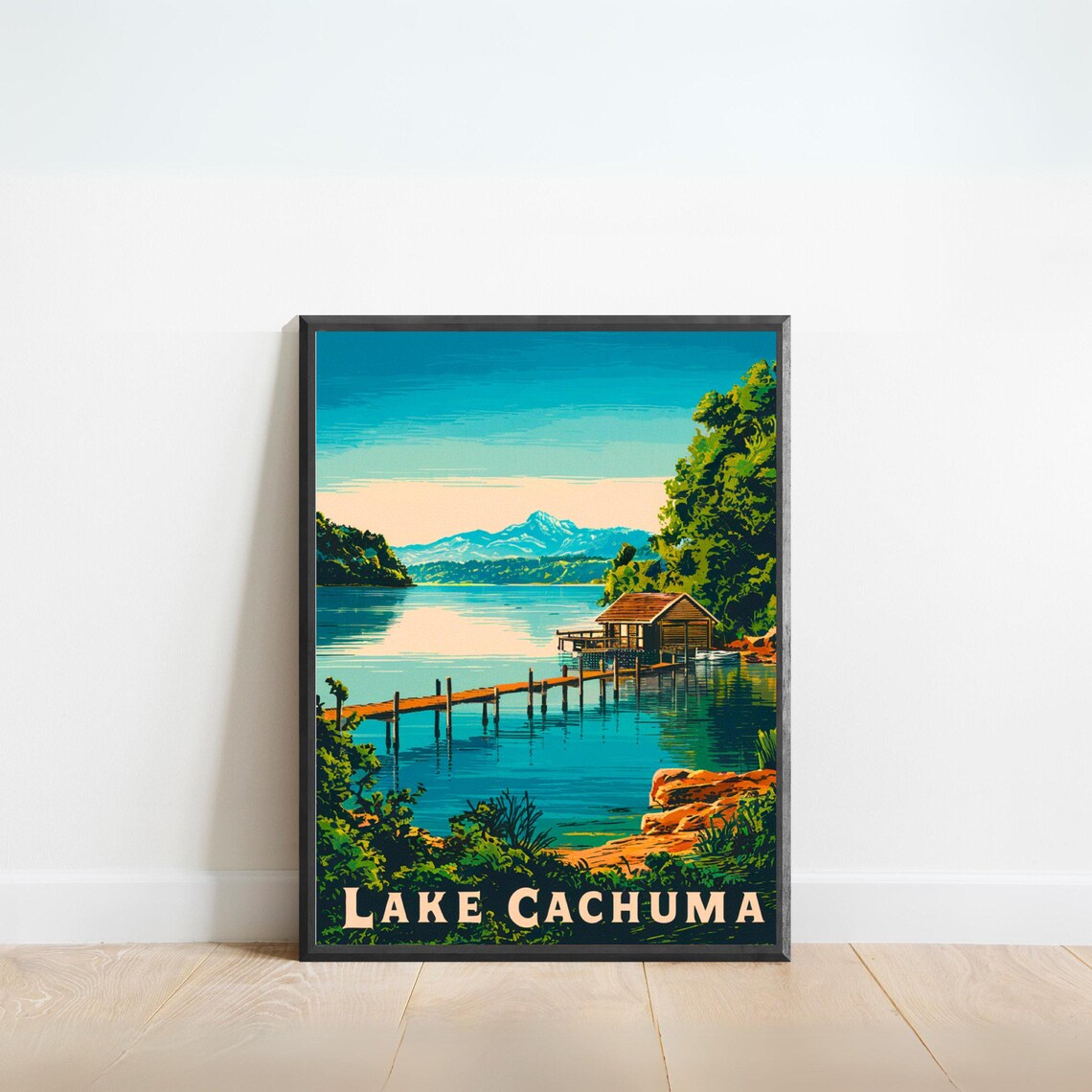 Lake Cachuma California Wooden Dock Boathouse Vintage Travel Poster