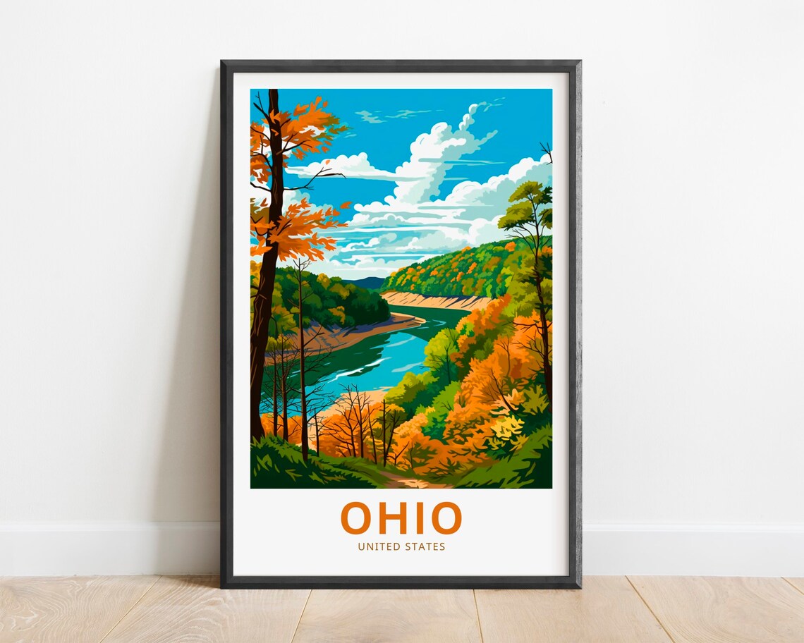 Ohio United States Autumn River Valley Foliage Travel Poster