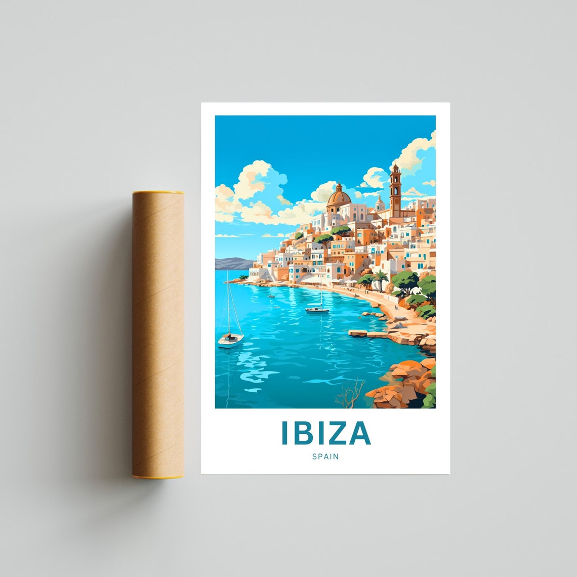Personalized Ibiza Spain Custom Text Coastal Old Town Church Poster - Image 4