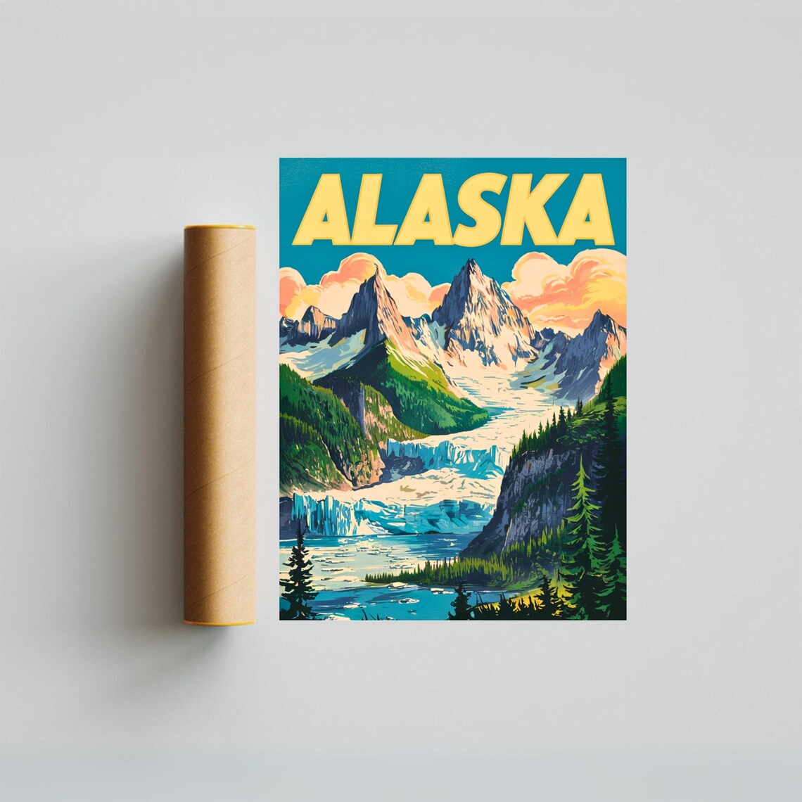 Alaska Glacier Valley Snow Capped Peaks Retro Mountain Travel Poster - Image 3