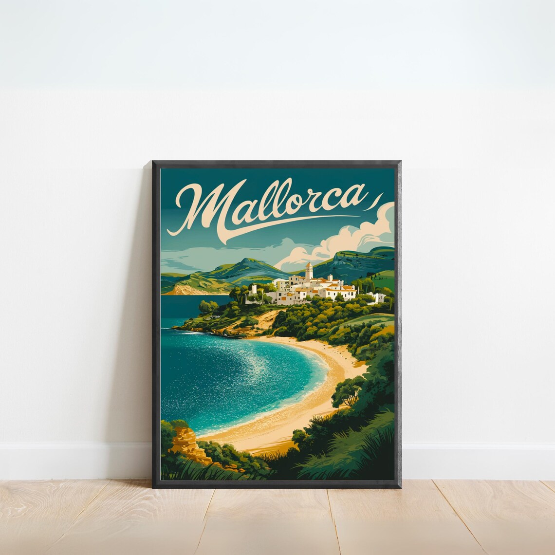 Mallorca Spain Coastal Village Curved Beach Vintage Travel Poster