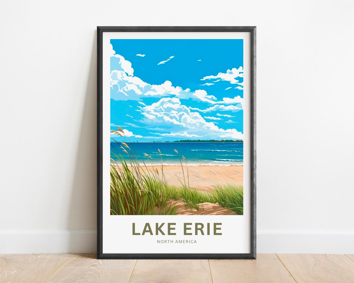 Lake Erie Great Lakes Sandy Beach Dunes Retro Summer Travel Poster