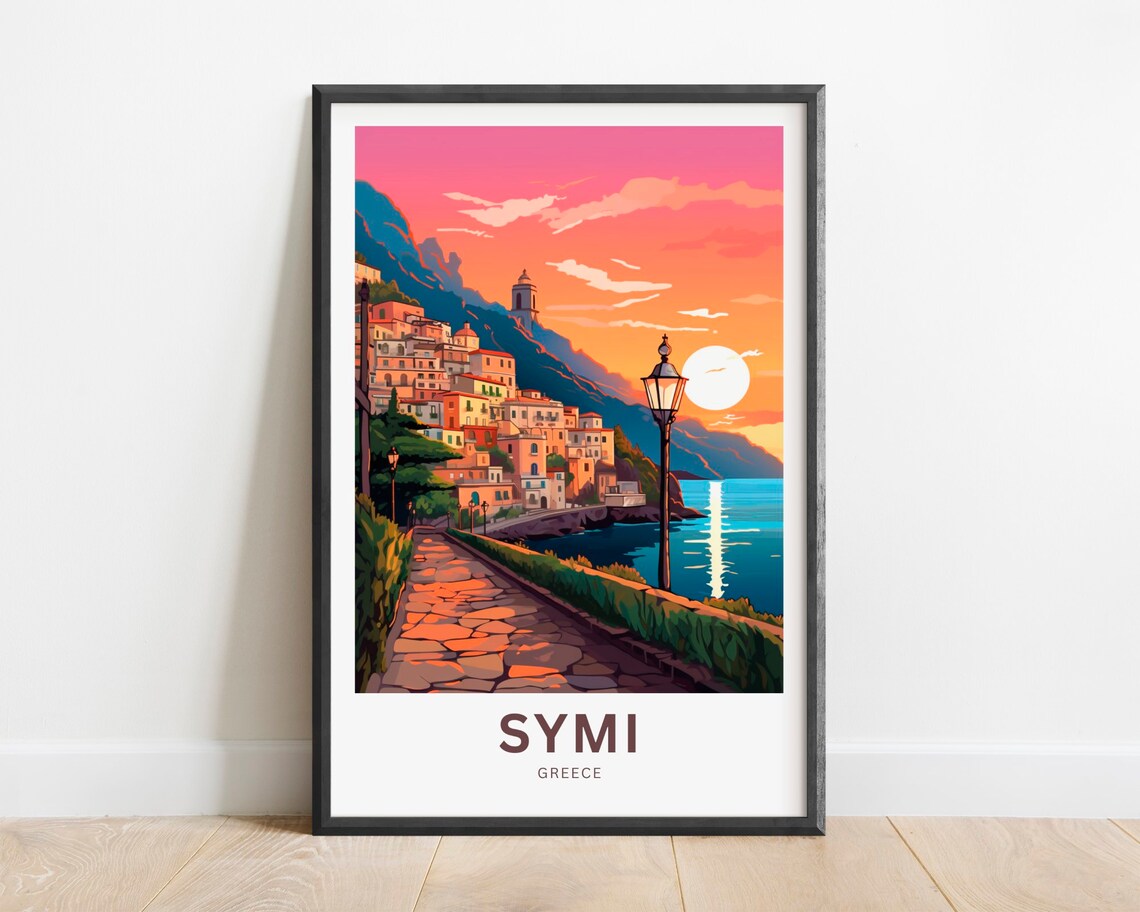 Symi Greece Sunset Promenade Harbor Path Greek Island Travel Poster