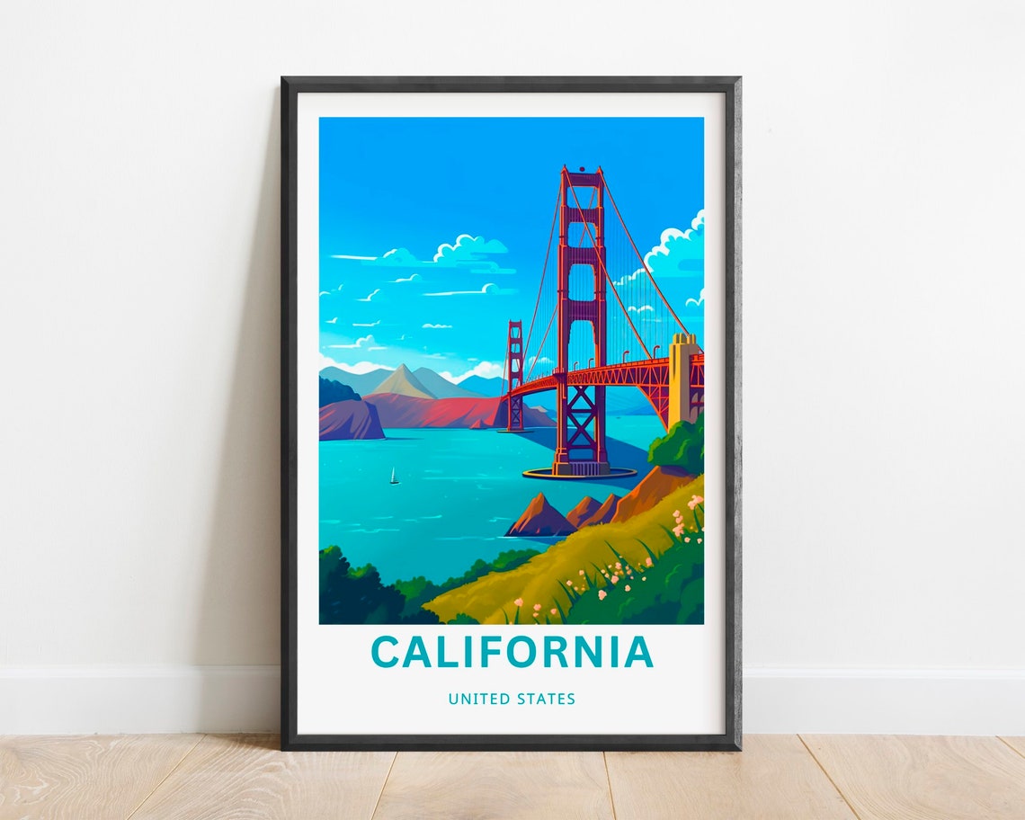 California Golden Gate Bridge Bay Hillside Sunset Travel Poster