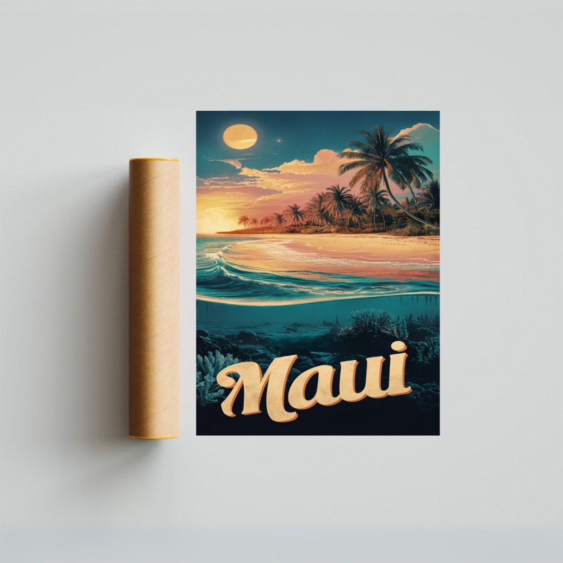 Maui Hawaii Sunset Beach Palms Coral Reef Vintage Retro Travel Poster - Image 3