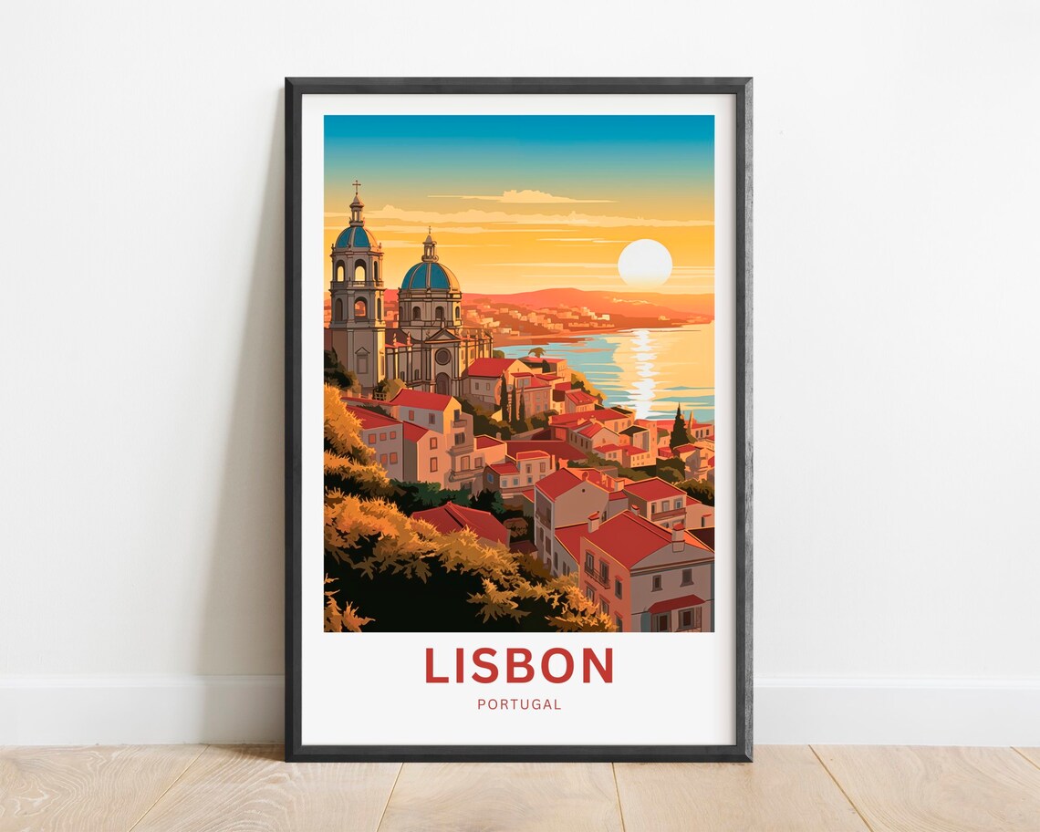 Lisbon Portugal Sunset Red Rooftops Domed Church Travel Poster