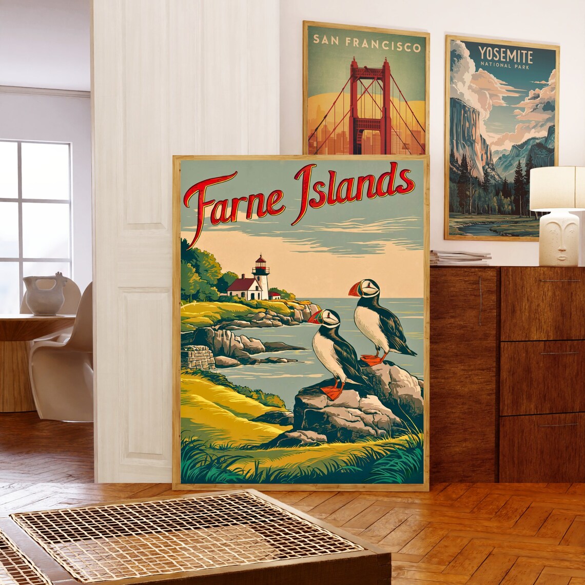 Farne Islands Vintage Puffin Lighthouse Coastal Retro Travel Poster - Image 5