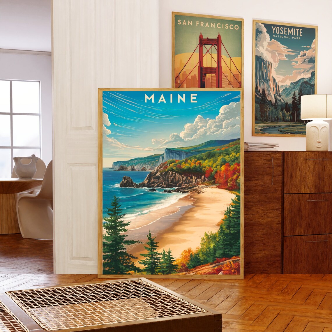 Maine Autumn Coast Vintage Style Travel Poster New England Beach Decor - Image 5