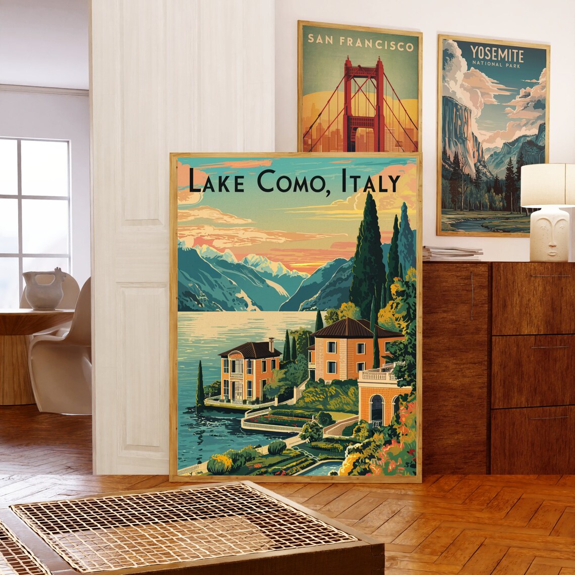 Lake Como Italy Sunset Villas Cypress Trees Lakefront View Poster - Image 5